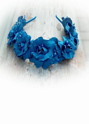 Віночок на голову з синіми трояндами2 фото