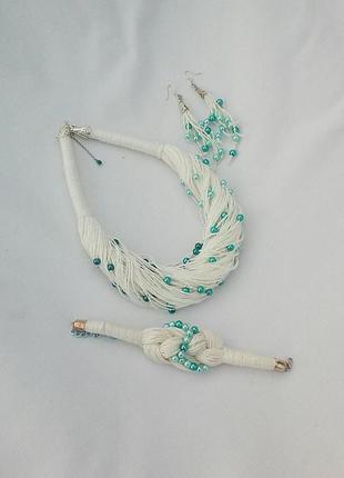 Кольє, сережки і браслет з натуральної лляної нитки і бусинок трьох відтінків морської хвилі9 фото