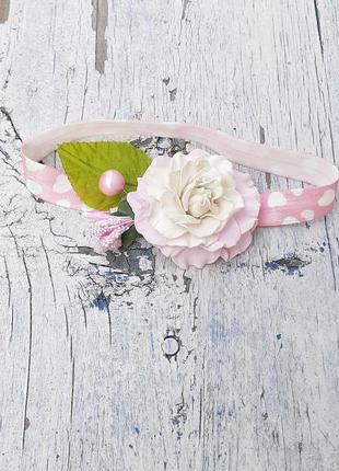 Детская розовая повязка на голову с цветком7 фото