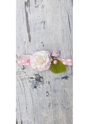 Детская розовая повязка на голову с цветком4 фото
