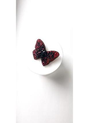 Брошка червоно-чорний метелик з бісеру страз та кристалів.6 фото