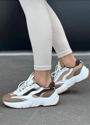 Женские кожаные, коричневые с белым, стильные кроссовки. 36-41 гг. w152 fk60-14 ст демисезонные2 фото