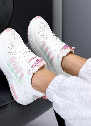 Женские кроссовки в спортивном стиле из текстиля, для активного дня светлые белые розовые вставки5 фото