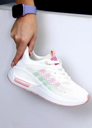 Женские кроссовки в спортивном стиле из текстиля, для активного дня светлые белые розовые вставки8 фото