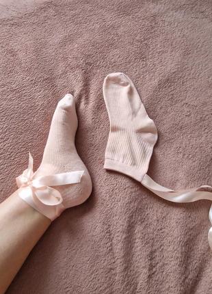 Элегантные носки пудрово-розового цвета с атласной лентой с бантом 38-39 размер хлопка1 фото
