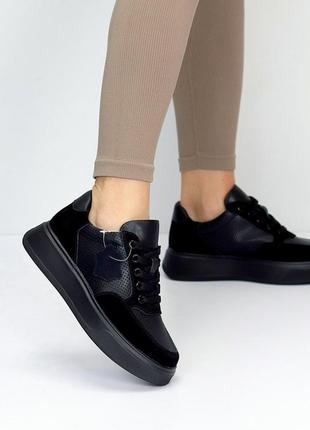 Черные женские кроссовки, кеды на невысокой платформе, качественная кожа + замша, перфорация дырочки2 фото