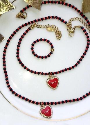Черный с красным набором украшений чокер браслет колечко с сердечком из стеклянных бусин и бисера