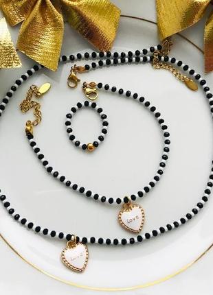 Черный с белым набор украшений чокер браслет колечко с сердечком из стеклянных бусин и бисера1 фото