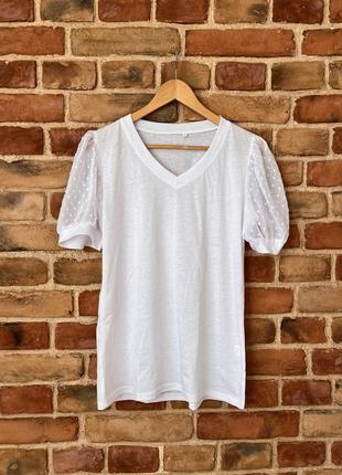 Белая женская футболка с пышным объемным рукавом в сетку s 36 42