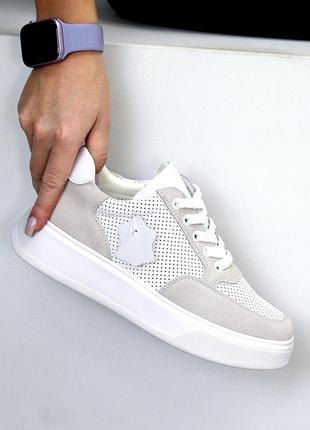 Классические кроссовки белые вставки серого, натуральная кожа и замша, дышащие, мягкая стелька8 фото