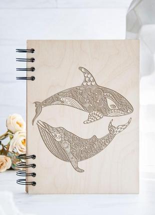 Блокнот в деревянной обложке "киты"6 фото
