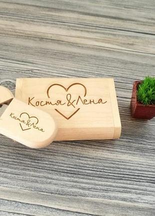 Деревянная флешка в коробке с именной гравировкой для хранения свадебных фотографий, 16-32 гб