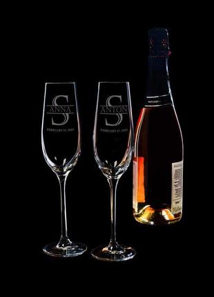 Бокалы для шампанского с монограммой для женитьбы в подарочной коробке6 фото
