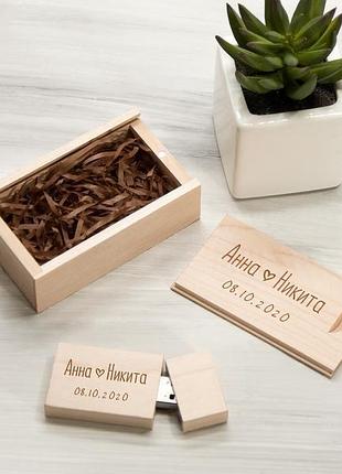 Дерев'яна флешка в коробці з іменним гравіюванням, для весільних фотографій, 16-32 гб