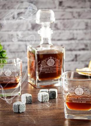 Стеклянный набор для виски в деревянном сундуке, графин и стаканы с оригинальной гравировкой6 фото