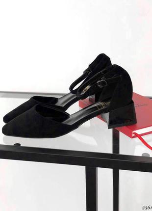 Черные женские туфли с ремешком женские открытые туфли на маленьком каблуке5 фото
