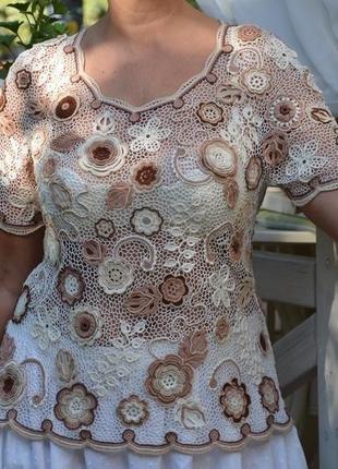 Кофта вязаная кофе с ванилью, ирландское кружево