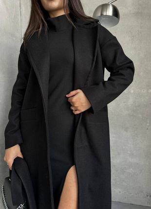 Пальто длинное весеннее на весну легкое женское базовое демисезонное черное бежевое коричневое серое кашемировое с поясом5 фото