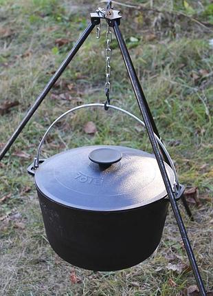 Казан чугунный 10 л с крышкой и треногой на разборных ножках