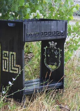 Мангал shop-pan разборный с перегородкой для дров и гравировкой на 10 шт - герб