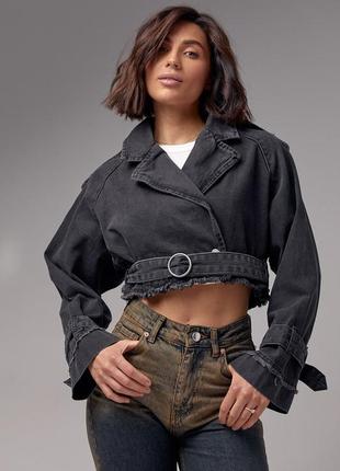 Жіноча укорочена сіра джинсова куртка коротка молодіжна курточка гранж