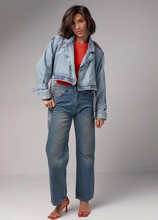 Жіноча укорочена блакитна джинсова куртка коротка молодіжна курточка гранж3 фото