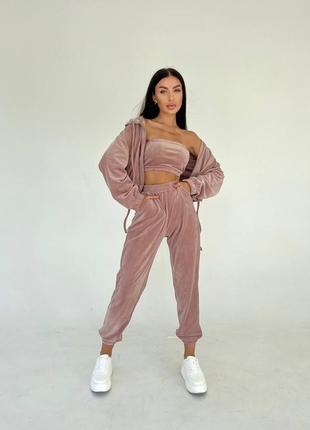 Велюровый костюм тройка кофта топ и штаны4 фото