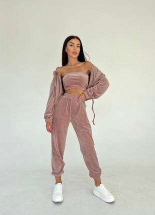 Велюровый костюм тройка кофта топ и штаны2 фото