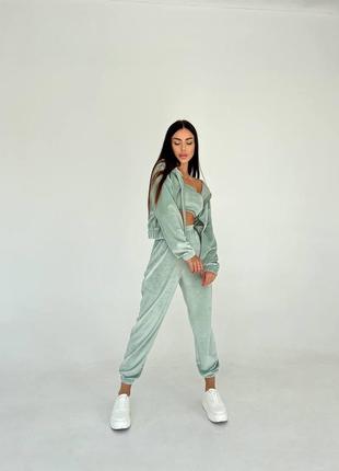 Велюровый костюм тройка кофта топ и штаны3 фото
