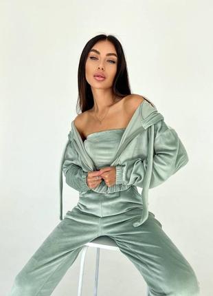 Велюровый костюм тройка кофта топ и штаны4 фото