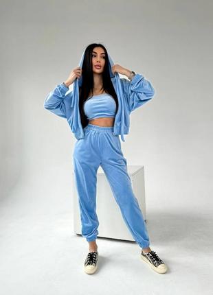 Велюровый костюм тройка кофта топ и штаны6 фото