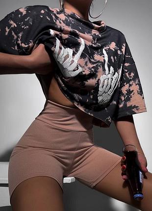 Костюм жіночий оверсайз футболка з принтом тай дай велосипедки на високій посадці якісний стильний трендовий червоний бежевий