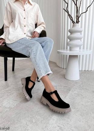Черные натуральные велюровые замшевые туфли с ремешком на бежевой толстой подошве замш велюр7 фото