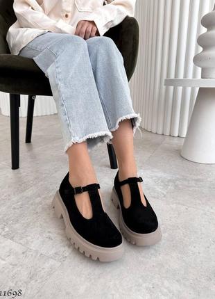 Черные натуральные велюровые замшевые туфли с ремешком на бежевой толстой подошве замш велюр6 фото