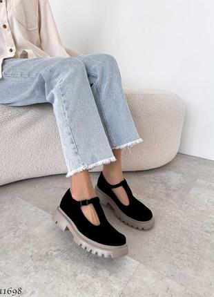 Черные натуральные велюровые замшевые туфли с ремешком на бежевой толстой подошве замш велюр2 фото