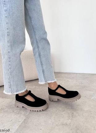 Черные натуральные велюровые замшевые туфли с ремешком на бежевой толстой подошве замш велюр1 фото