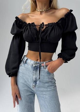 Жіноча блуза - корсет з відкритими плечима, топ з широкими рукавами, укорочений топ, жатка, на зав’язках