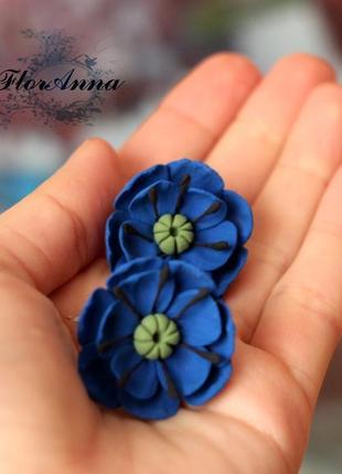 Сережки з квітами "сині маки"2 фото