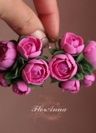 Великі сережки з квітами "півонії кольору фуксія"1 фото