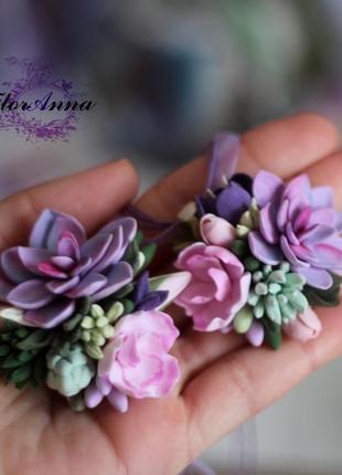 Кулон+ шпилька / брошка з квітами "сукуленти з фрезиями"