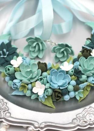 Колье и серьги с цветами "мята"