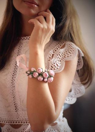 Браслет на руку с цветами "веточка розовых пионов"2 фото