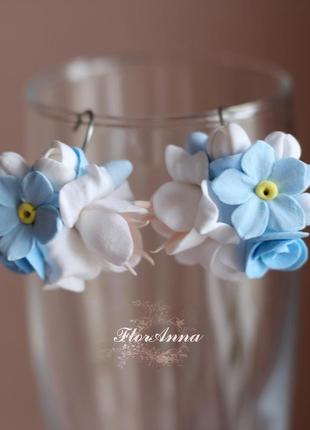 Голубые серьги с цветами  "нежное облако"2 фото
