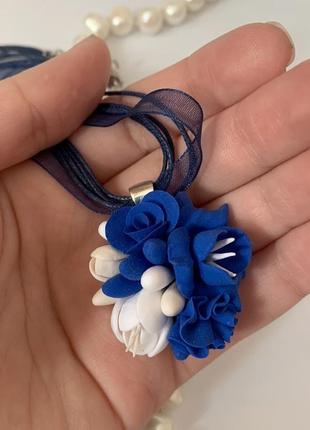 Синій комплект прикрас з квітами ручної роботи3 фото