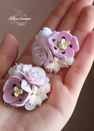Розовые серьги ручной работы "тюльпаны с розами"4 фото
