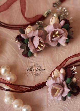 Сережки і кулон з полімерної глини. комплект з квітами "совіньйон"