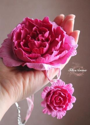 Комплект прикрас з квітами "рожеві півонії"(кулон і шпилька/брошка)