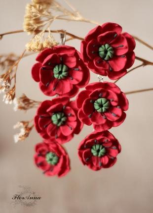 Червоні маки. довгі сережки ручної роботи з квітами1 фото