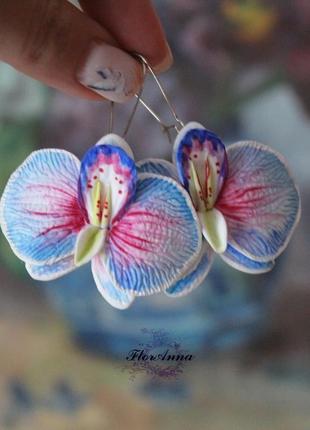 Блакитні орхідеї сережки з полімерної глини5 фото