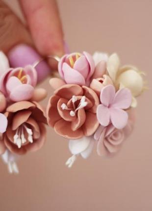 Великі сережки з квітами з полімерної глини "карамельний букет"9 фото